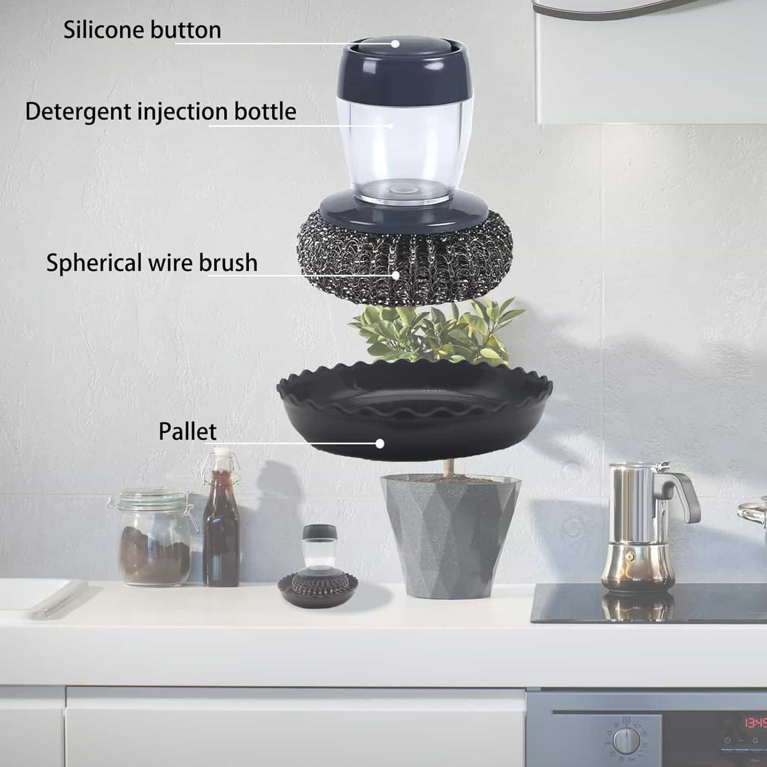 Dish Brush with Soap Dispenser - Palm Steel Brush - Makfoul