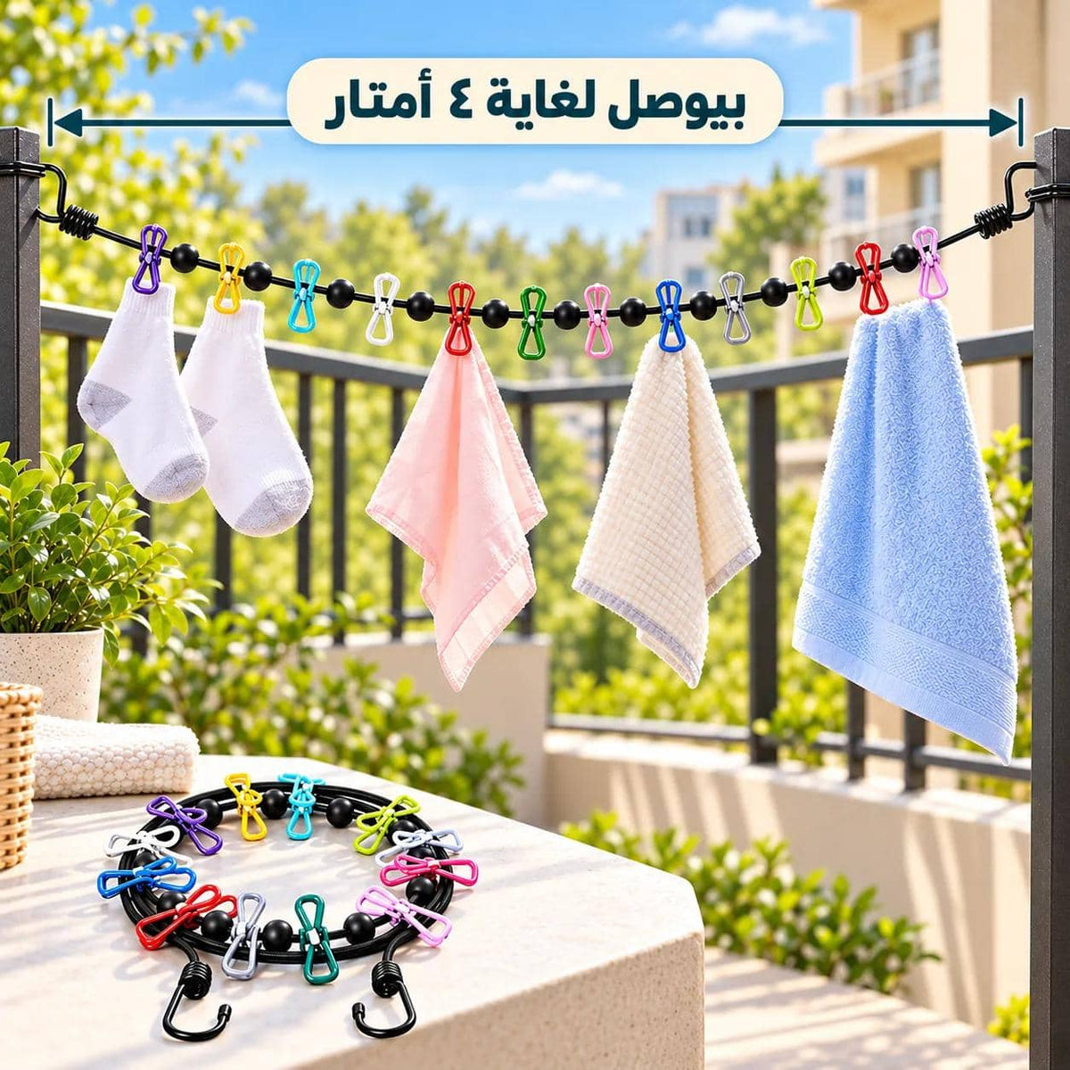 Portable Elastic  Clothesline with 12 clips ( 3 pcs )