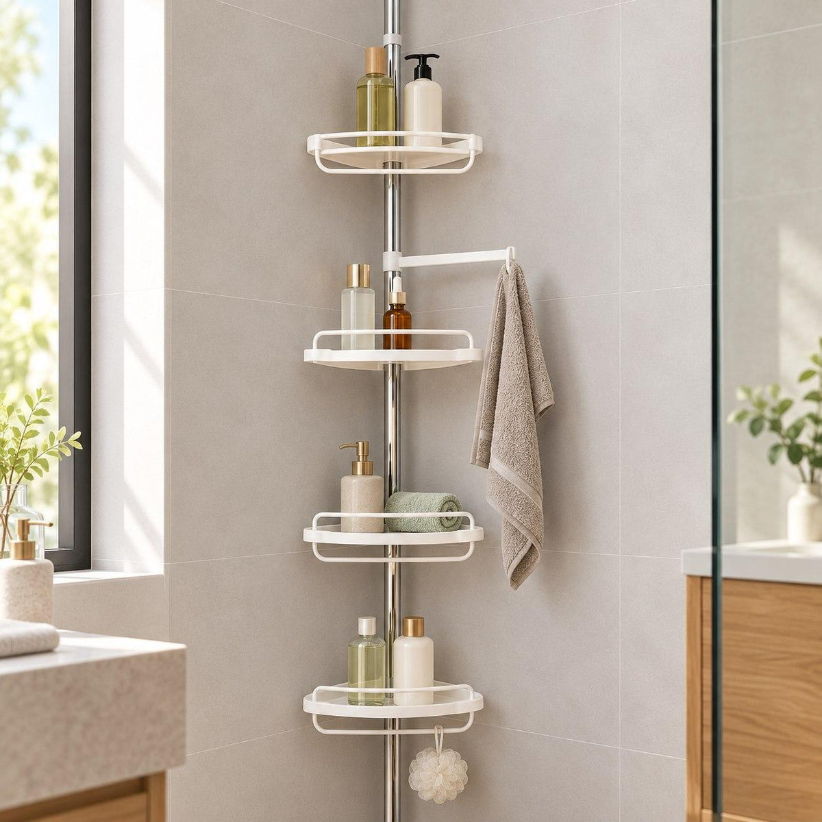 4 Tier Bathroom Corner Shelf with Towel Holder