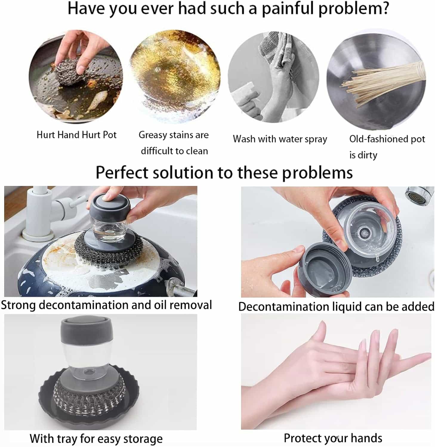 Dish Brush with Soap Dispenser - Palm Steel Brush - Makfoul