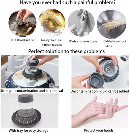 Dish Brush with Soap Dispenser - Palm Steel Brush - Makfoul